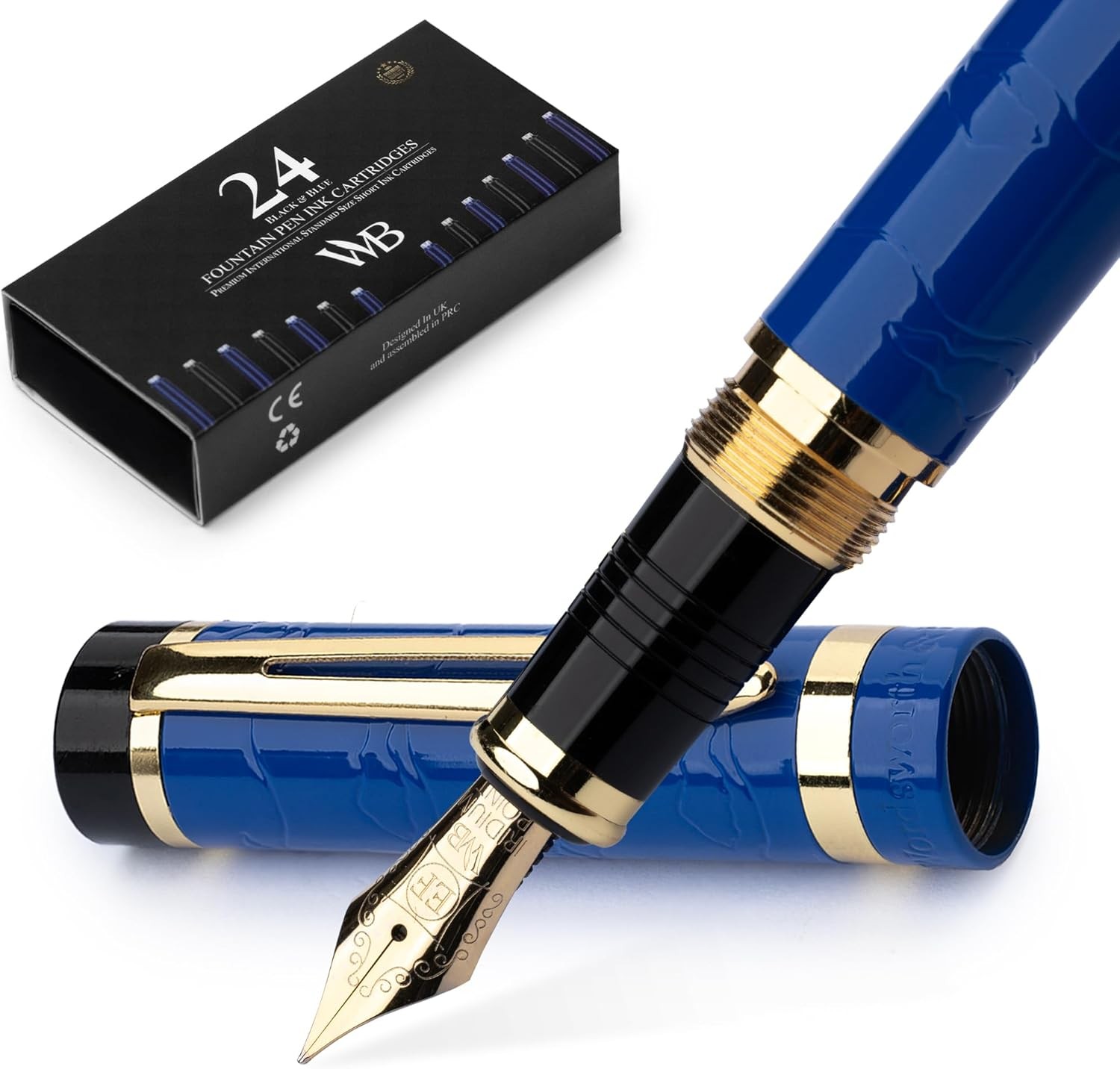 Primori Fountain Pen Set [Blue Gold]; Extra Fine Nib, Case, 24 Ink Cartridges,