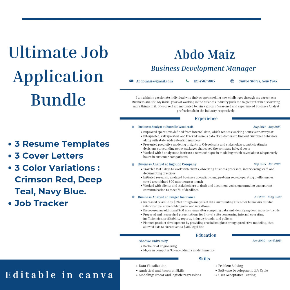 Professional Resume CV & Cover Letter Bundle + Job Tracker | Canva editable