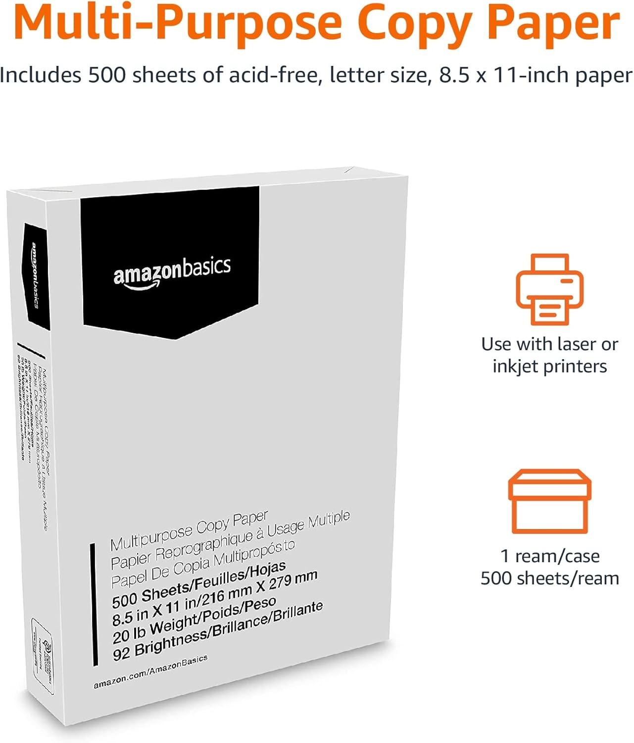 Amazon Basics Multipurpose Copy Printer Paper, 8.5 x 11 Inches, 20 lb, 92 Bright