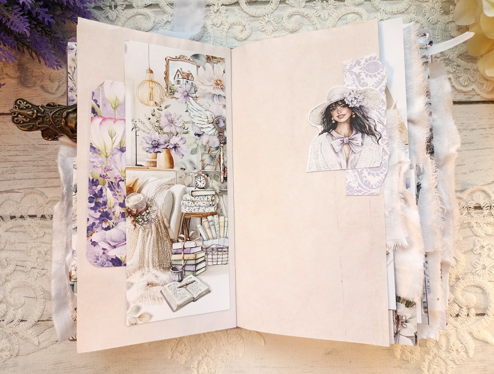 Junk Journal Handmade Lace Purple Lavender Notebook Decorated USA 8×4 in