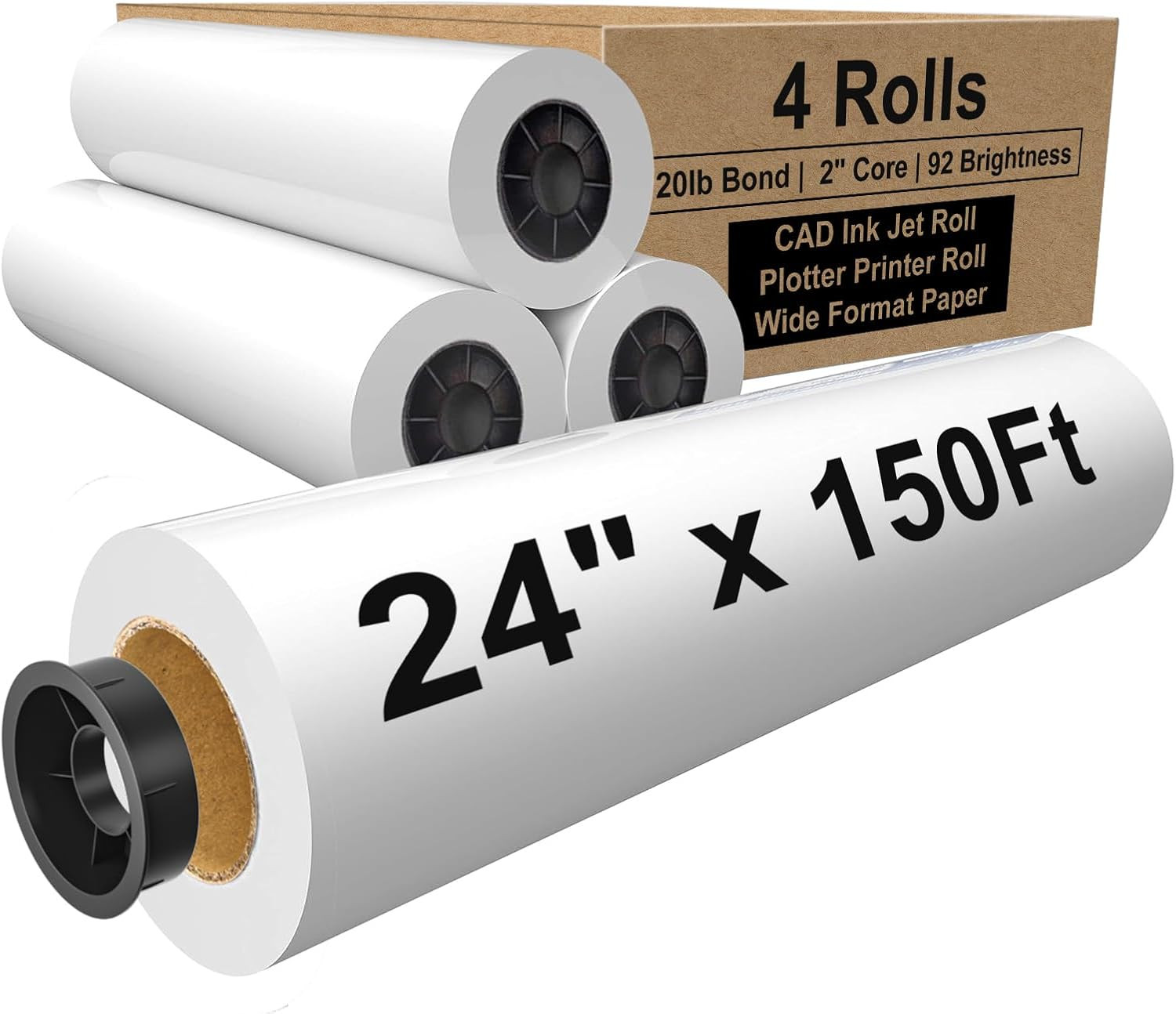 24″ X 150Ft Wide Format Paper 2″ Core, White Plotter Paper CAD Bond 4 Rolls