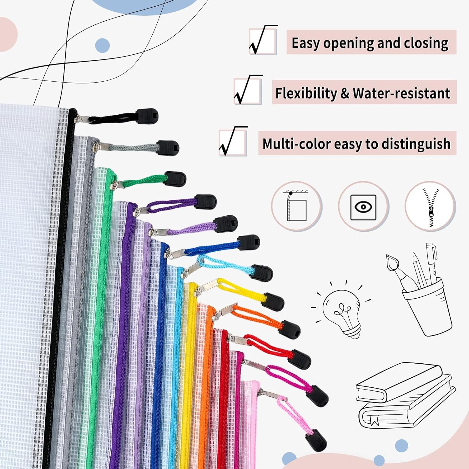 EOOUT 72Pcs Mesh Zipper Pouch, A4 Size, 12 Colors Zipper Bags for Organizing