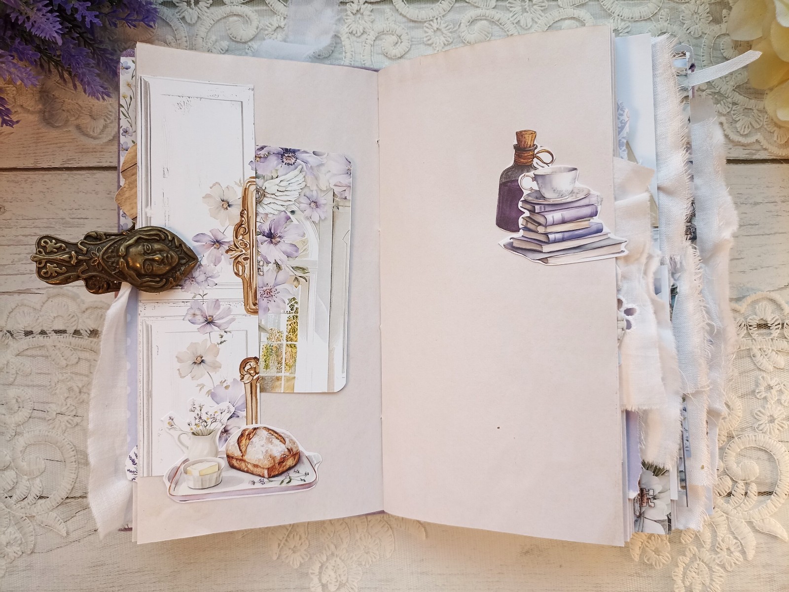 Junk Journal Handmade Lace Purple Lavender Notebook Decorated USA 8×4 in