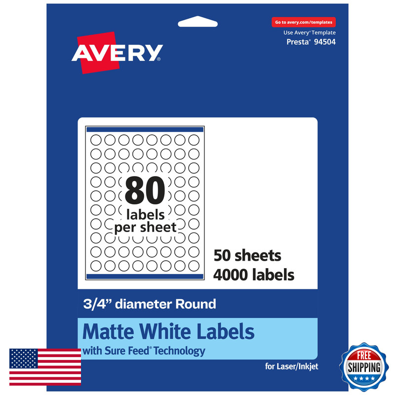 Avery Matte White Round Labels Sure Feed Technology 3/4 Diameter 4000 Matte