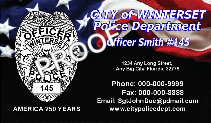 PRO Business Cards, Amercia 250 Yrs Flag Police Dept Badge KJ4IYE