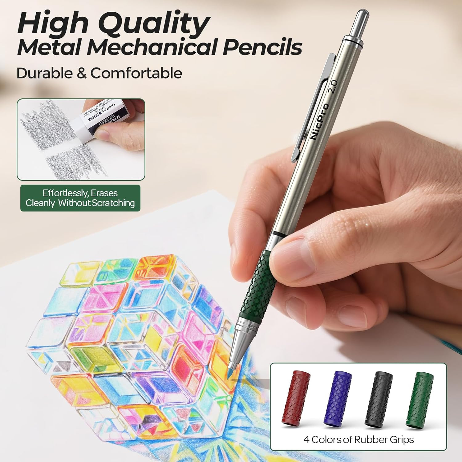 4 PCS Premium 2.0 Mm Mechanical Pencils Set, 108 Colored & Black (HB 2B) Lead Re