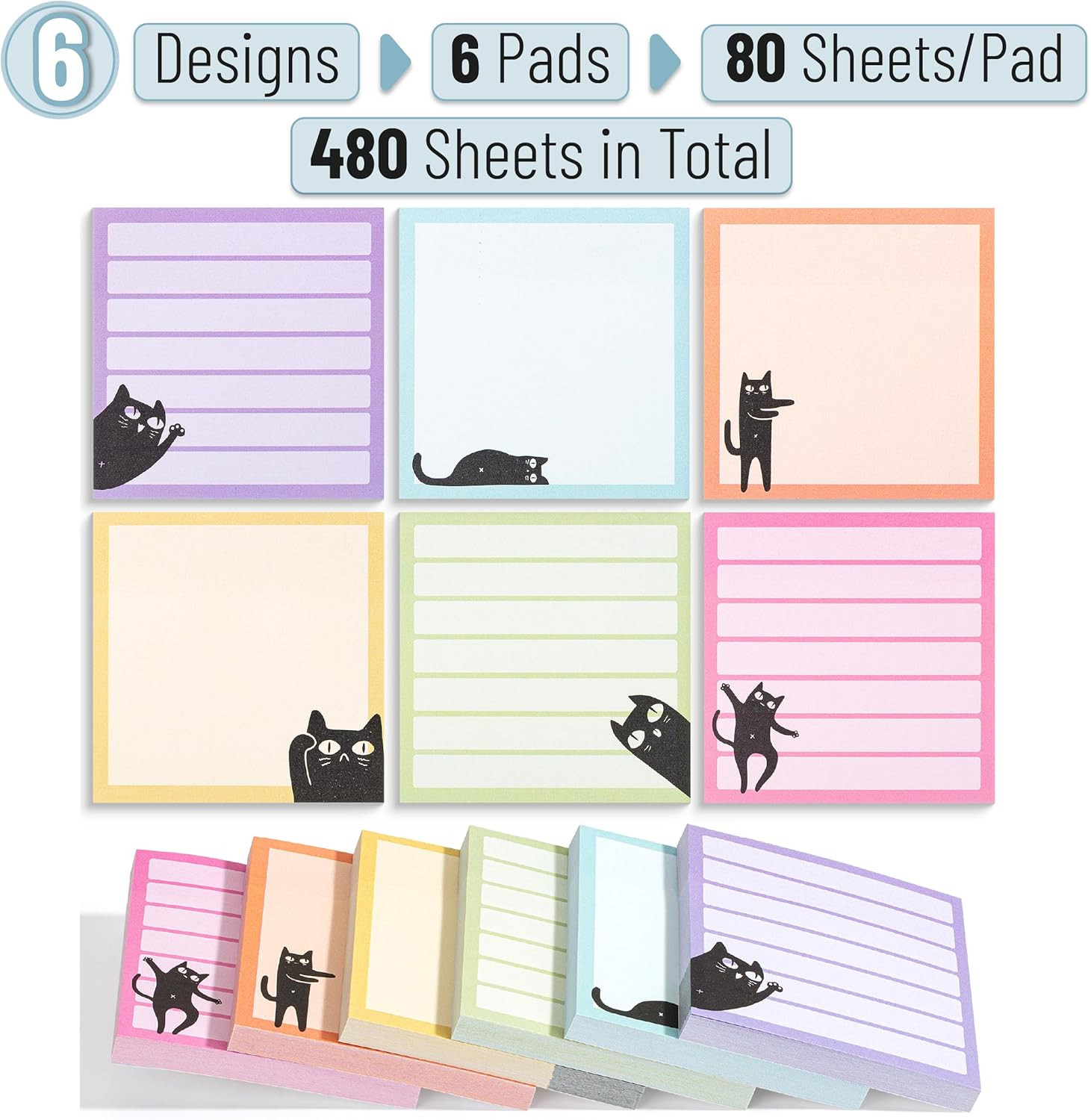 – Black Cat Sticky Notes Set, 3″ X 3″, 6 Pads, 480 Sheets, Black Cat Sticky Note