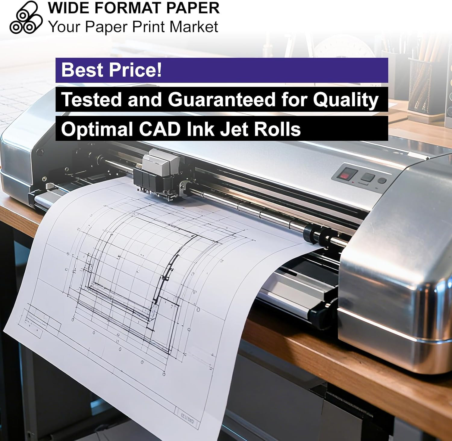 24″ X 150Ft Wide Format Paper 2″ Core, White Plotter Paper CAD Bond 4 Rolls