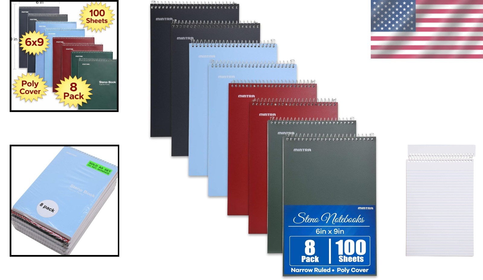 Top-Spiral Steno Journals, 8 Pack, Various Colors