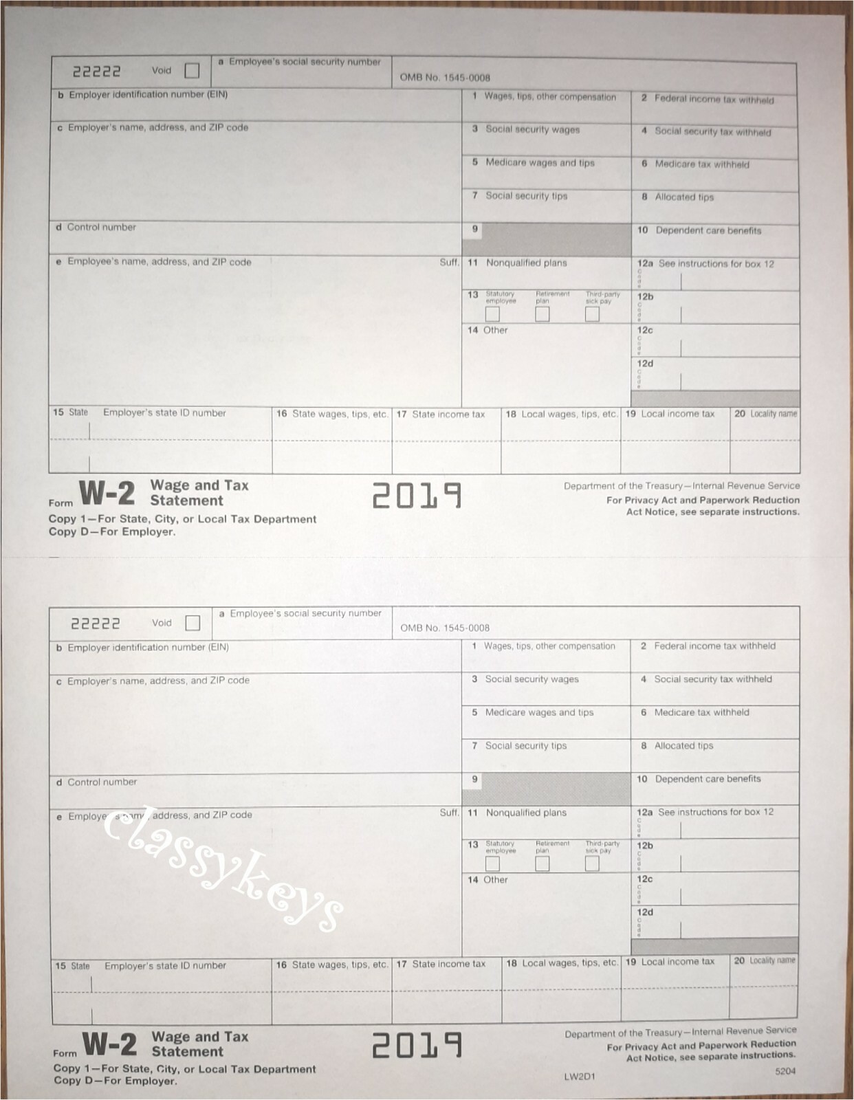 2019 IRS Tax Form W-2 Wage Stmts 10 employees LASER 6-pt +(2)W3 #TF5650 NO Env