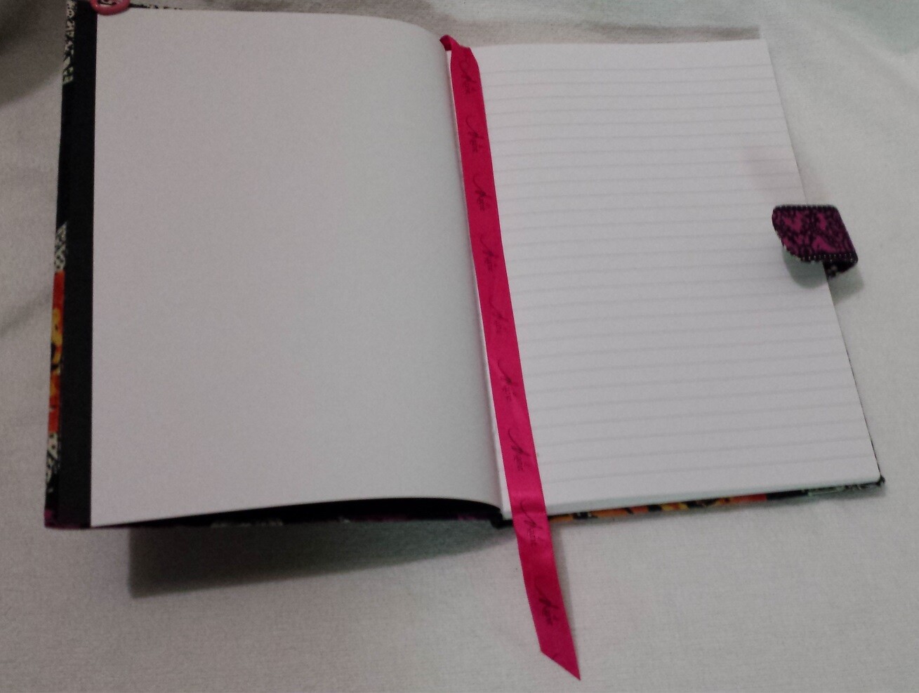 Fabric Cover Lined Journal Diary Notebk Orange Hot Pink Floral Paisley on Black 