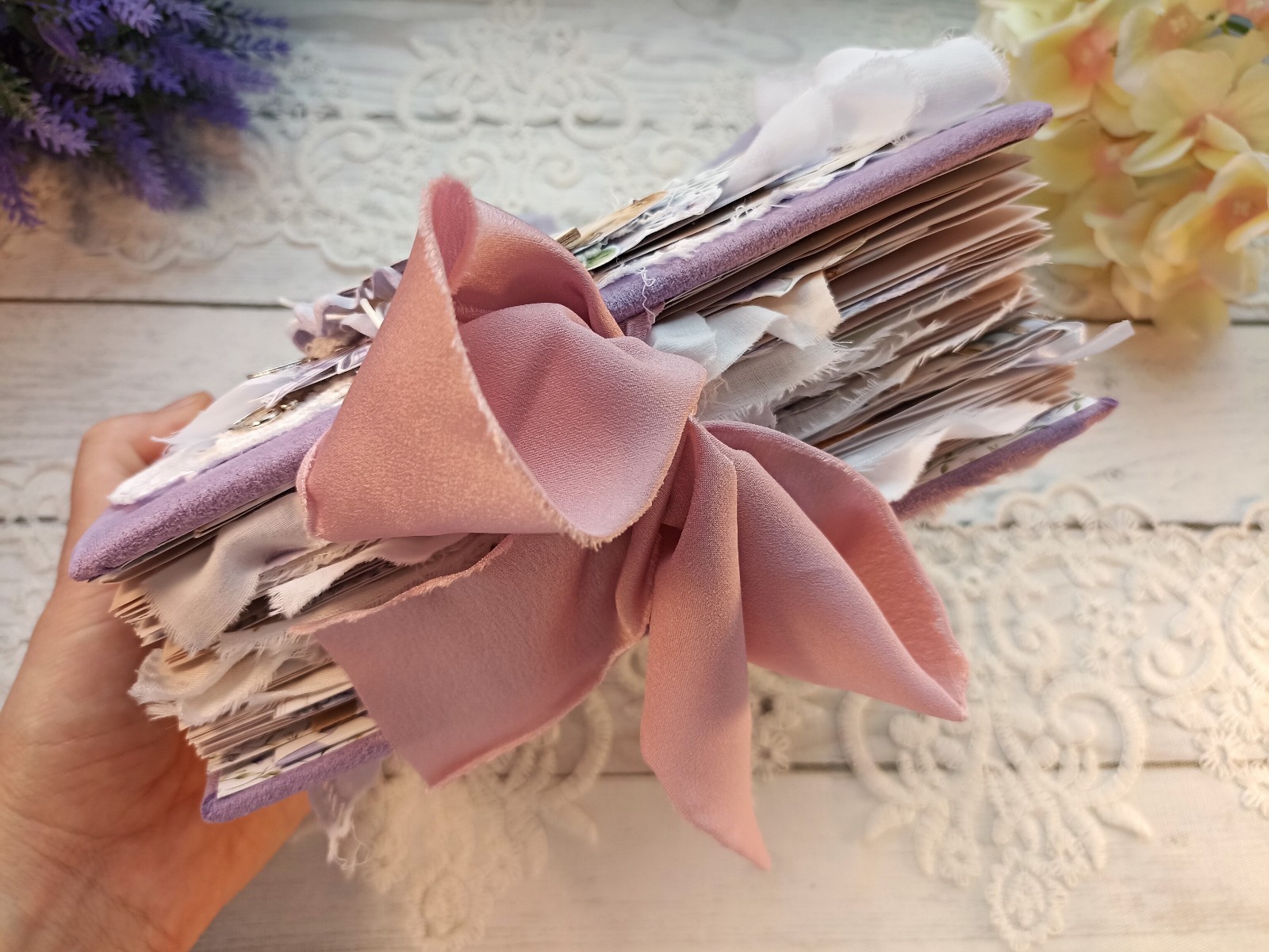 Junk Journal Handmade Lace Purple Lavender Notebook Decorated USA 8×4 in