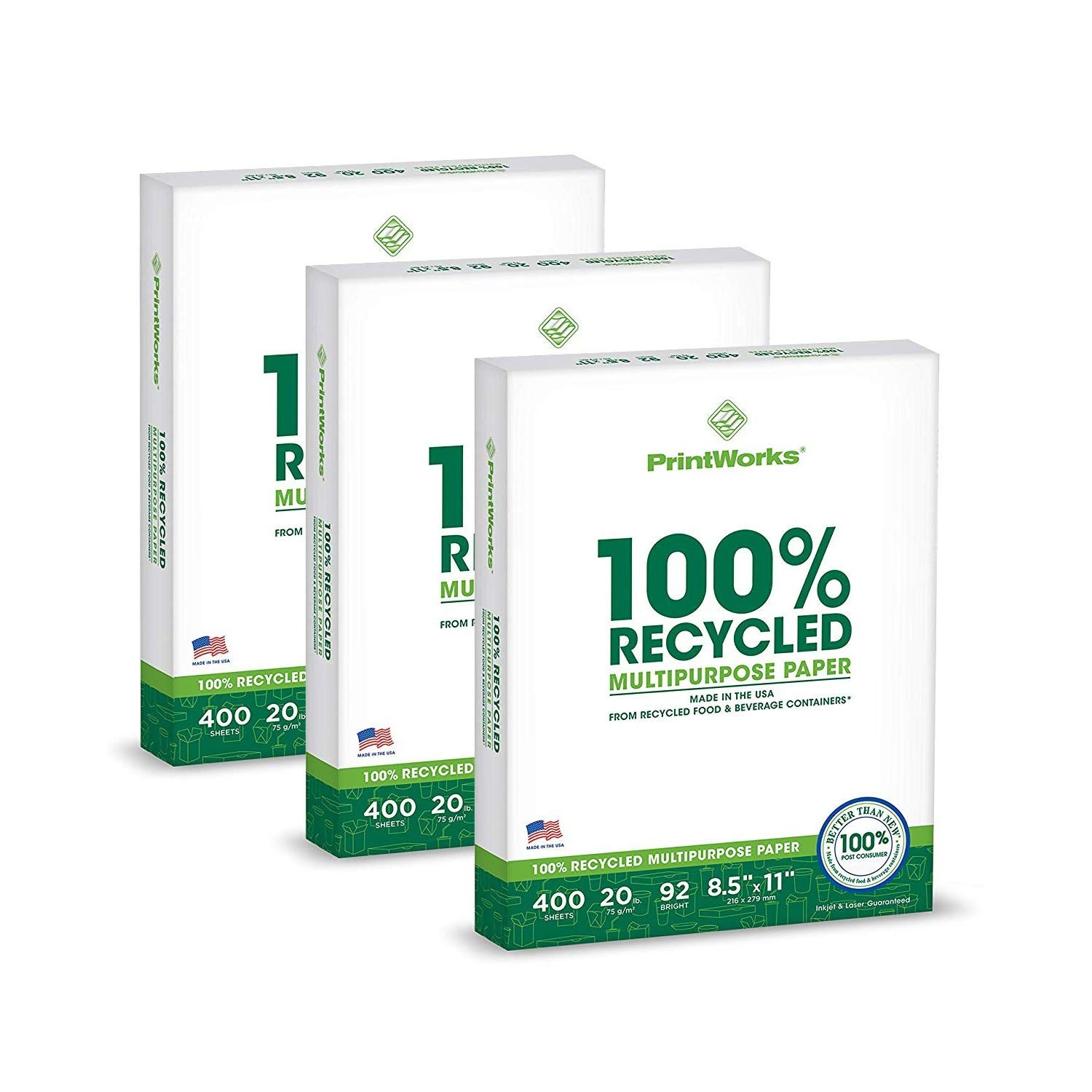 PrintWorks 100% Recycled Printer Paper 8.5″ x 3 Reams: 1,200 Sheets, White