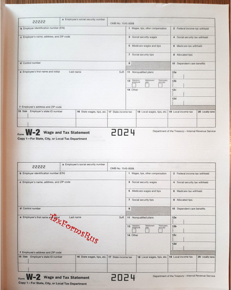 2024 IRS Tax Forms W-2 Wage Stmts for 4 employees NON-Carbonless +(1) W3, NO Env