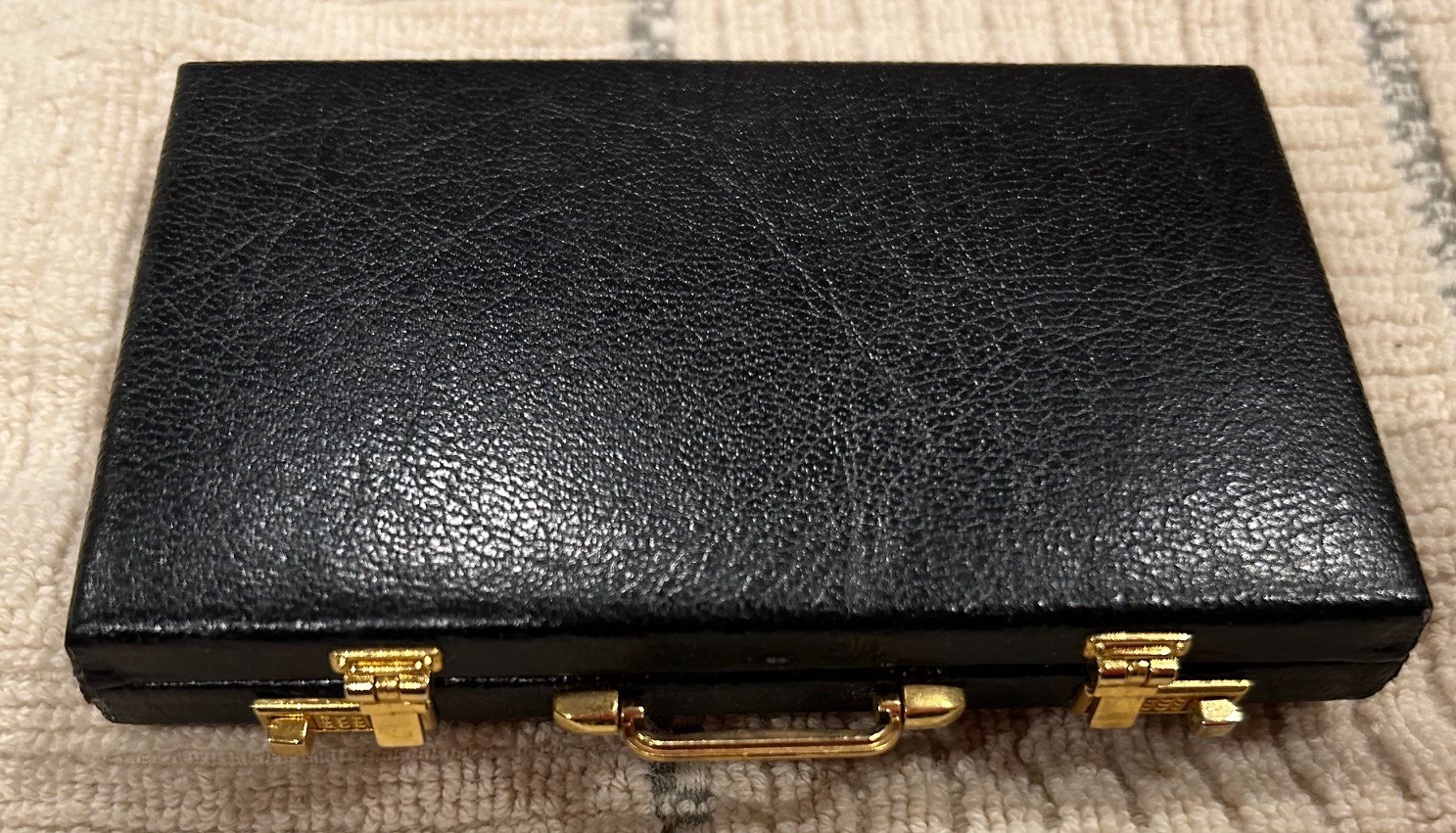 Mini Leather Business Card Holder Case Briefcase Black Gold Carry, Desk Display