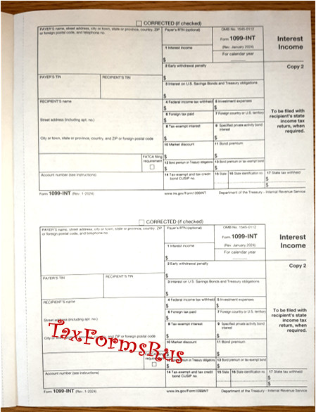 2025 IRS Tax Form 1099-INT single sheet set for 2 recipients NON-carbonless 4-pt