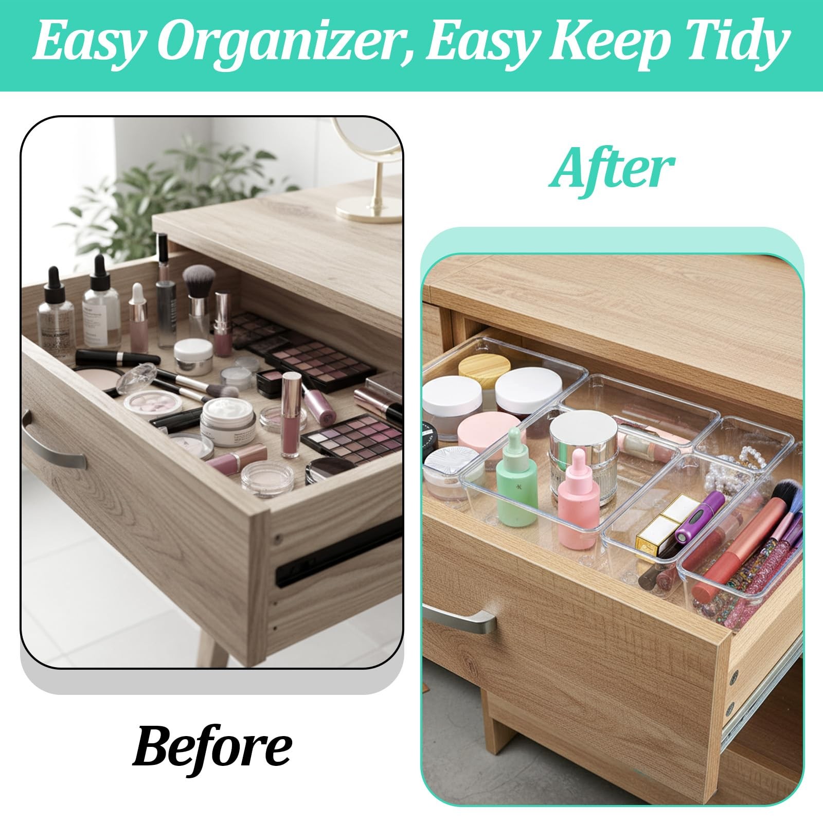 16 Pack Plastic Drawer Organizers Set, 5-Size Kitchen and 6 Pack, Clear