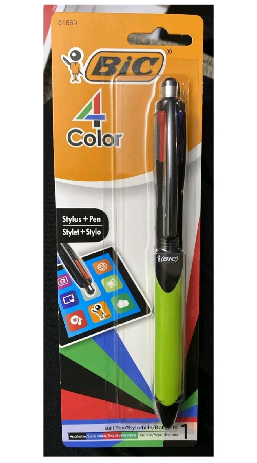 BIC 4 Color Stylus + Ballpoint Pen Grip Medium Point Black Red Green Blue 51869