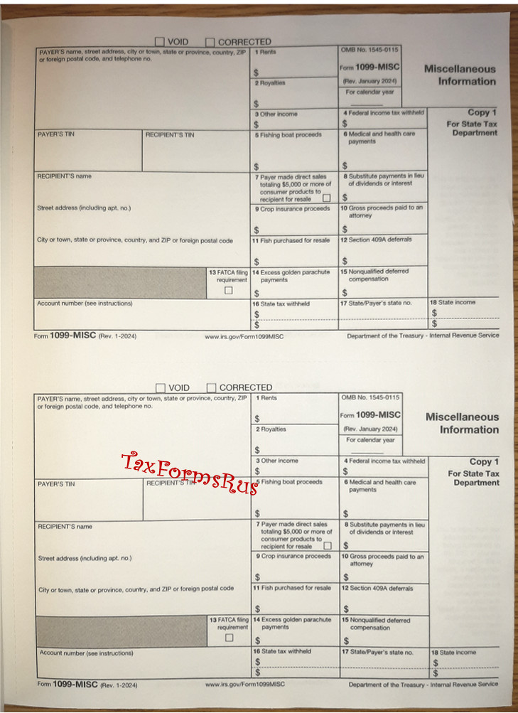 2025 IRS Tax Form 1099-MISC single sheet for 2 recipients NON-carbonless 4pt 2up