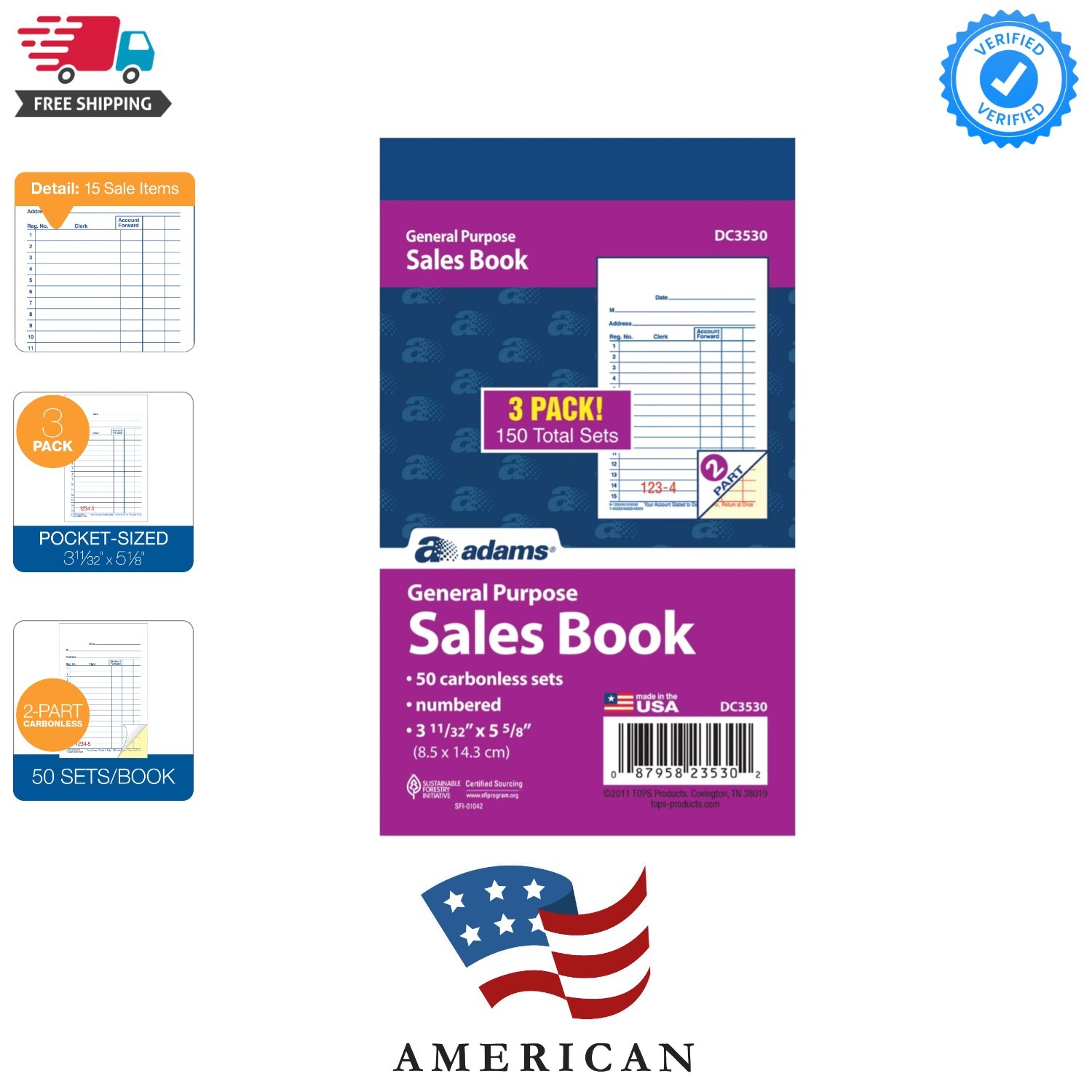 General Purpose Sales Book, 2-Part, Carbonless, White/Canary, 3-11/32 x 5-5/8…
