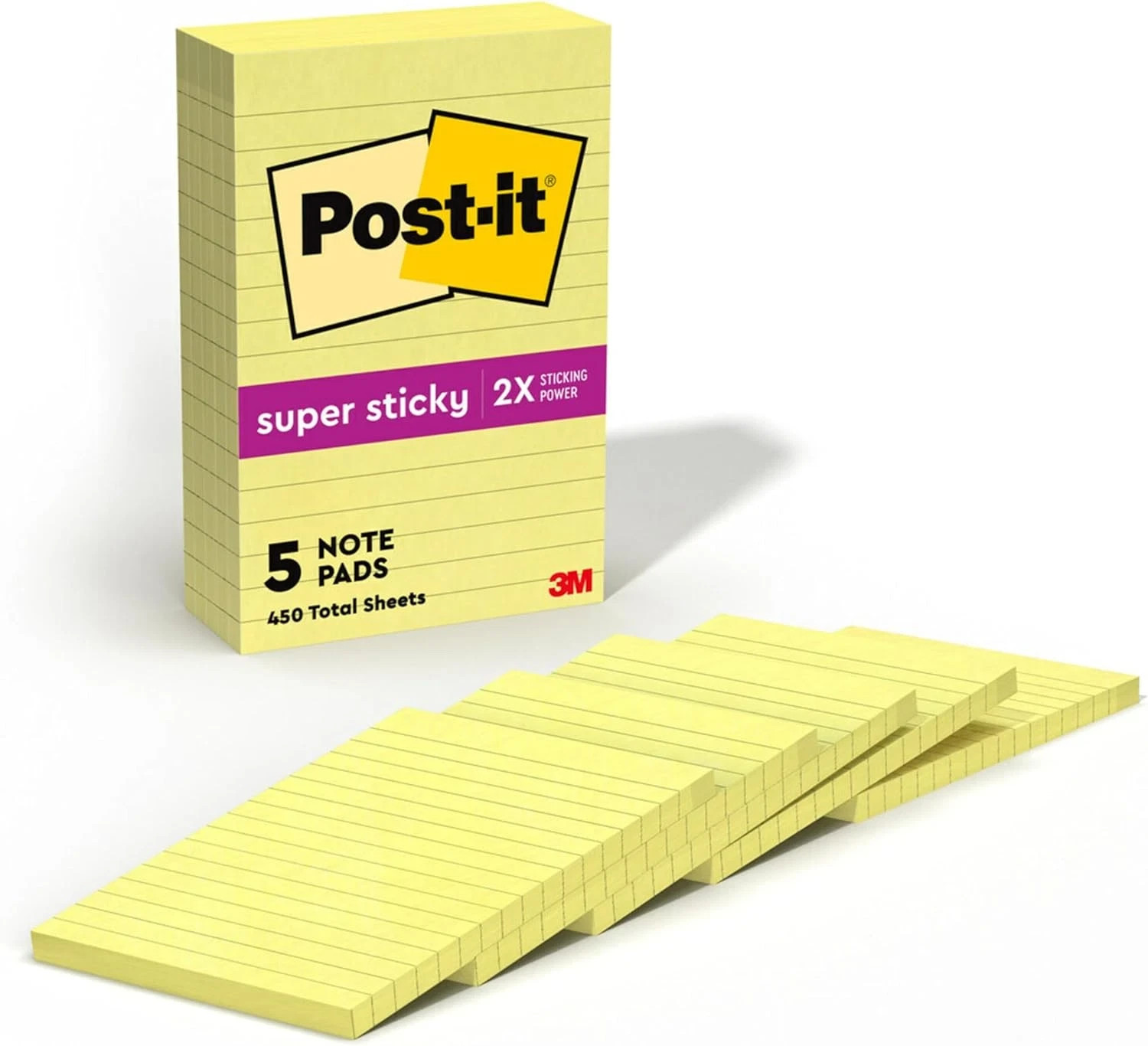 Super Sticky Notes, 4 in X 6 In, Canary Yellow, Lined, 5 Pads/Pack, 90 Sheets/Pa