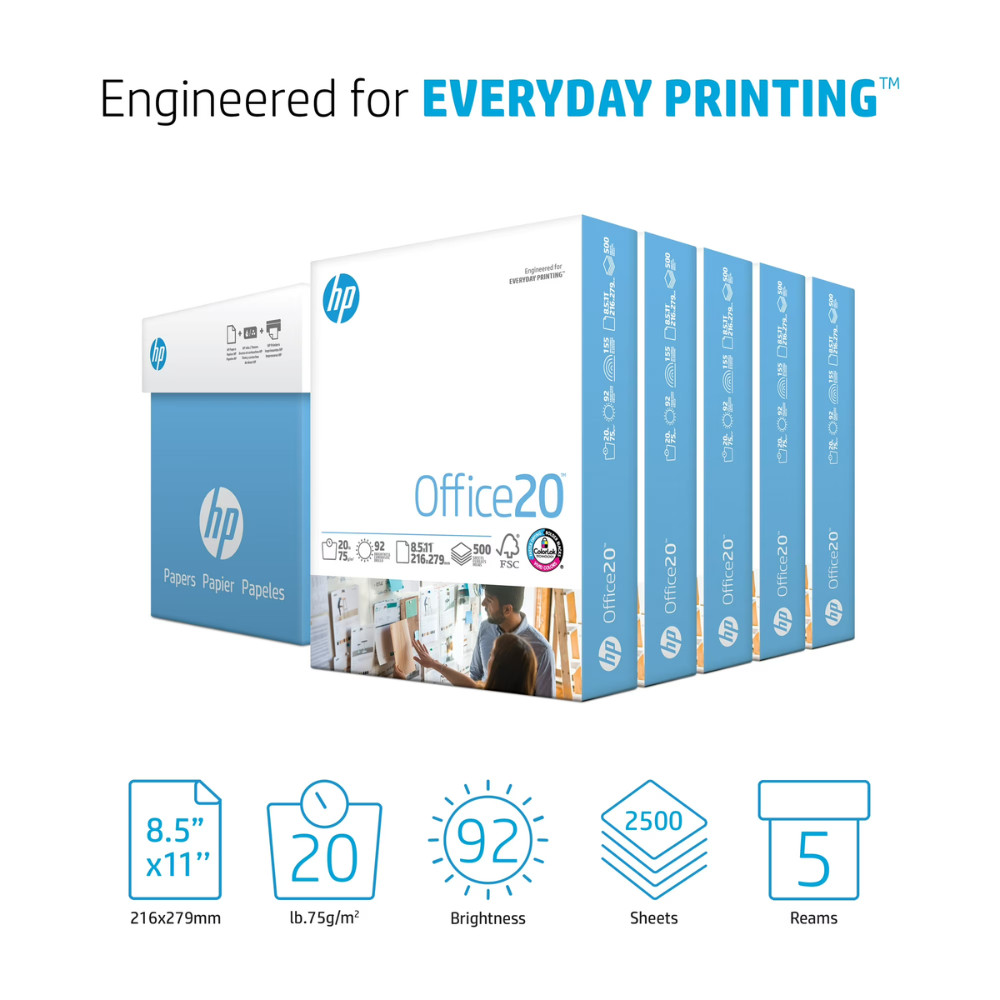 HP Office 20lb Copy Paper, 8.5 x 11, Letter Size, 5 Reams,2500 Sheets, 92 Bright
