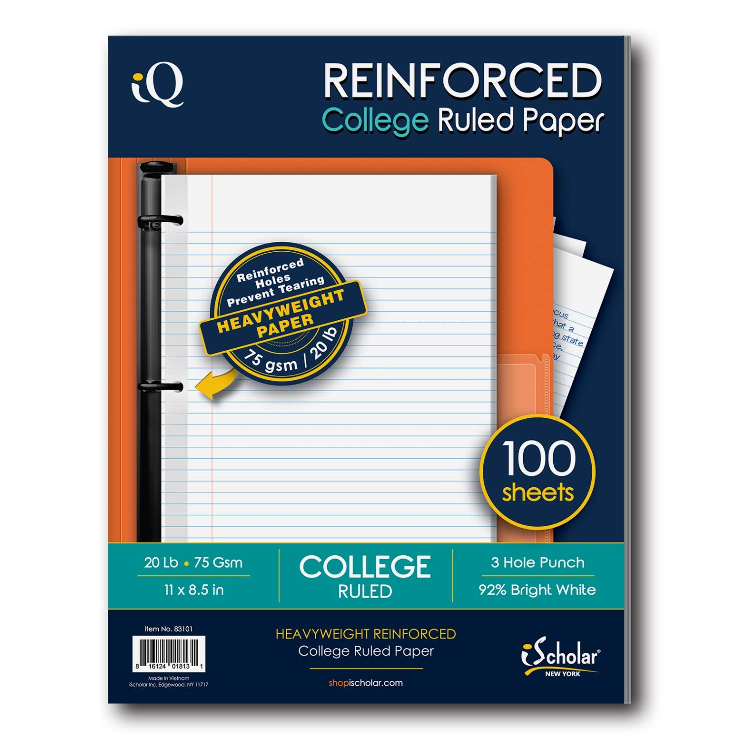 100 Sheets 9×11 Inches Reinforced Filler Paper College Ruled White 3-Hole