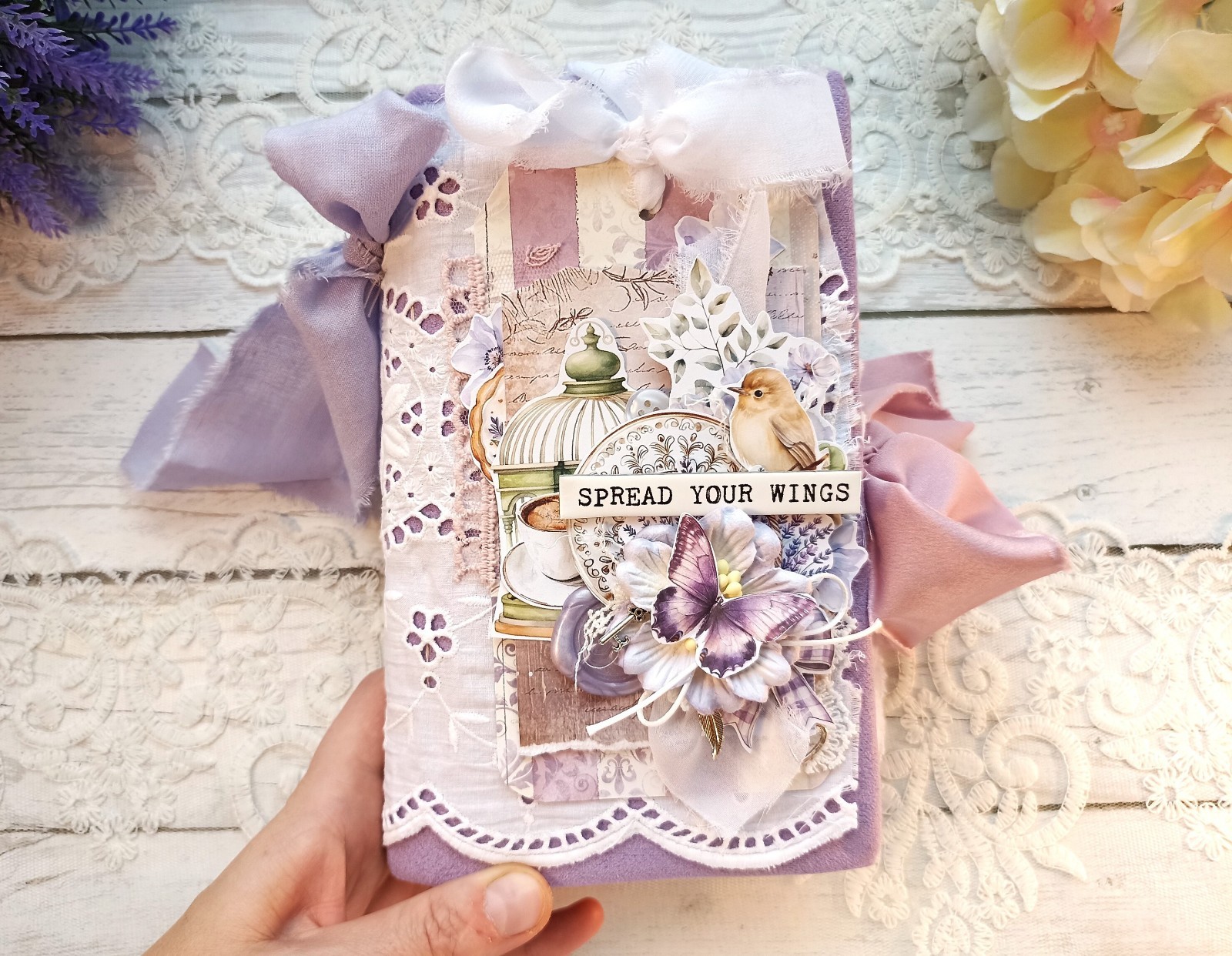 Junk Journal Handmade Lace Purple Lavender Notebook Decorated USA 8×4 in