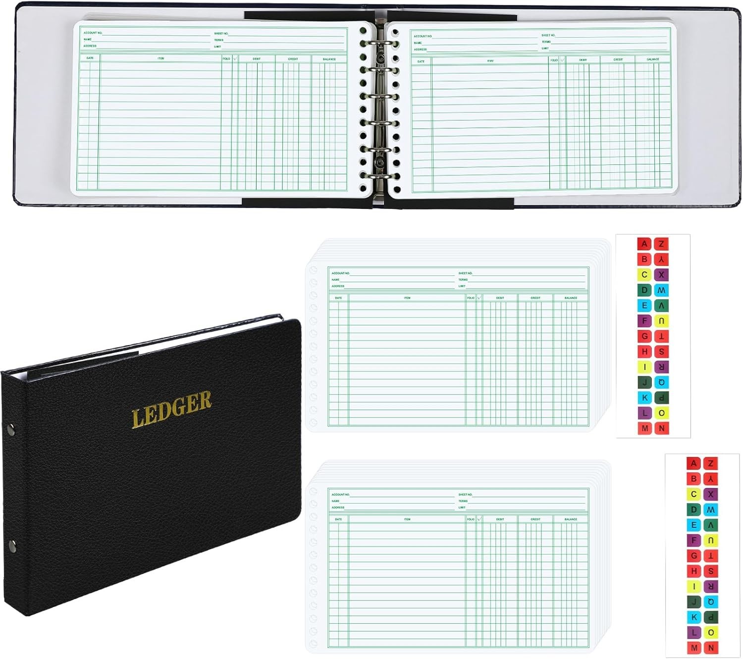 Ledger Binder with 200 Pages & Small Index Tabs for Bookkeeping Black Cover