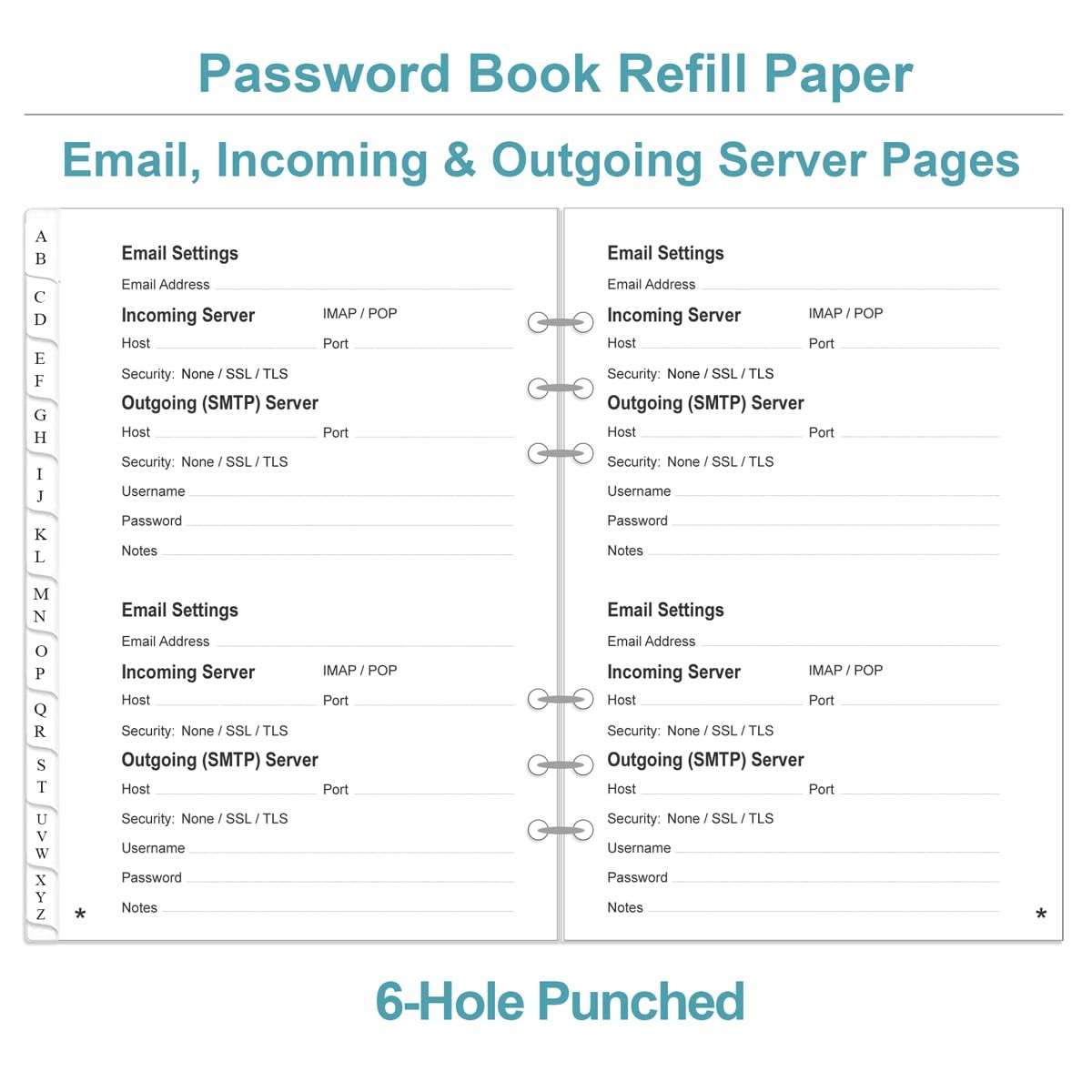 Password Book Refills for A5 Binder – A-Z 5.8 inches X 8.3 inches, white