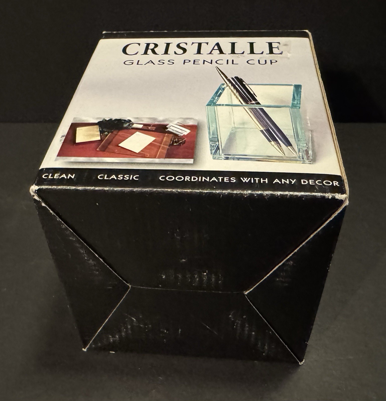 CRISTALLE Glass Pencil Cup ~Pens or Pencils Square Clear Holder~ New in Box