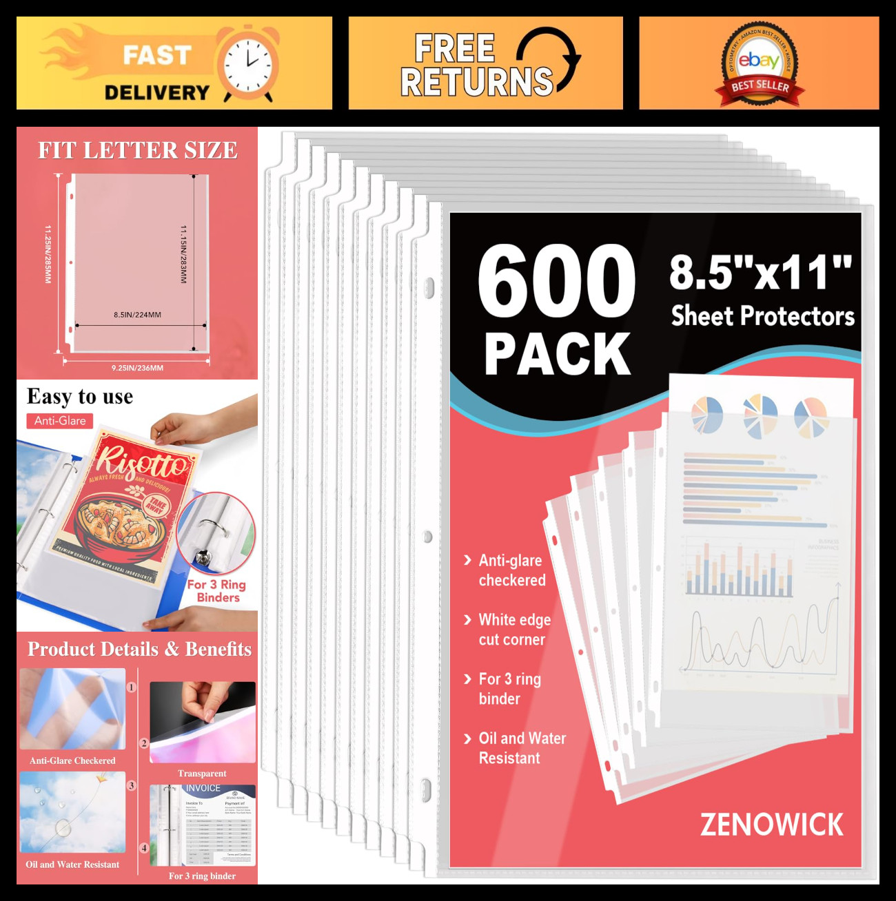 600 Pack Clear Sheet Protectors 8.5×11″ – Plastic Page Sleeves for 3 Ring Binder
