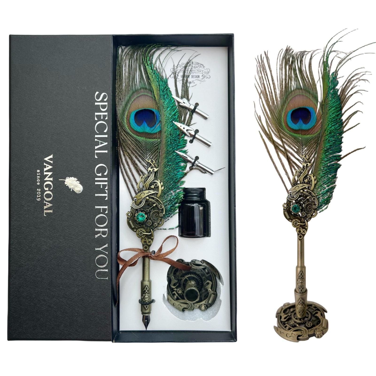 VANGOAL Peacock Feather Pen and 1 Count (Pack of 1), Green(Peacock Feathers)