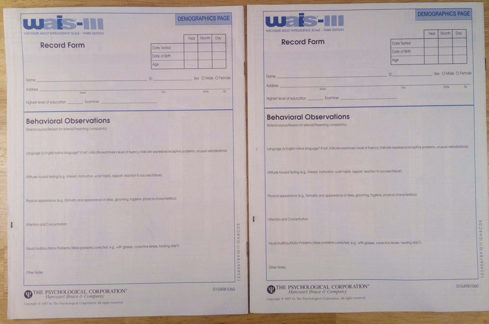 WAIS III Wechsler Adult Intelligence Scale Record Form . Lot of 10