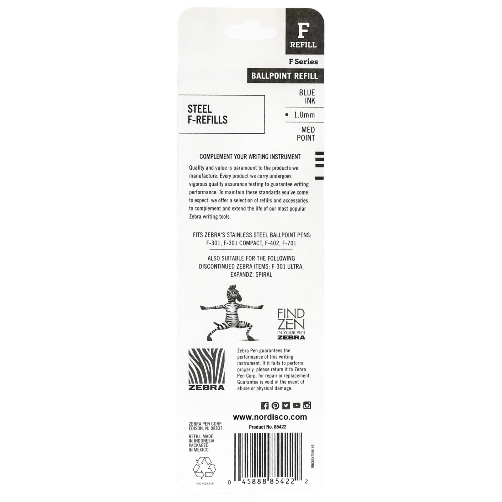 Zebra Pen Refills 85422 for F-301, F-402, F-701, 1.0mm Medium, Blue Ink 6 Packs