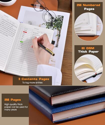 Lined Journal Notebook for Women Men, 256 Numbered Pages Hardcover Black