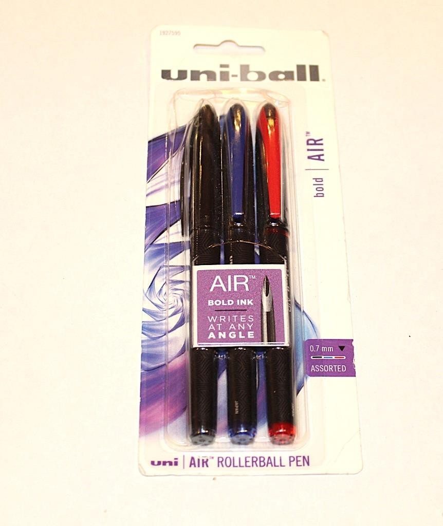 3-Pack Uni-Ball Rollerball Pen 1927595 Black Ink Fine 0.7mm Asst Blue Black Red