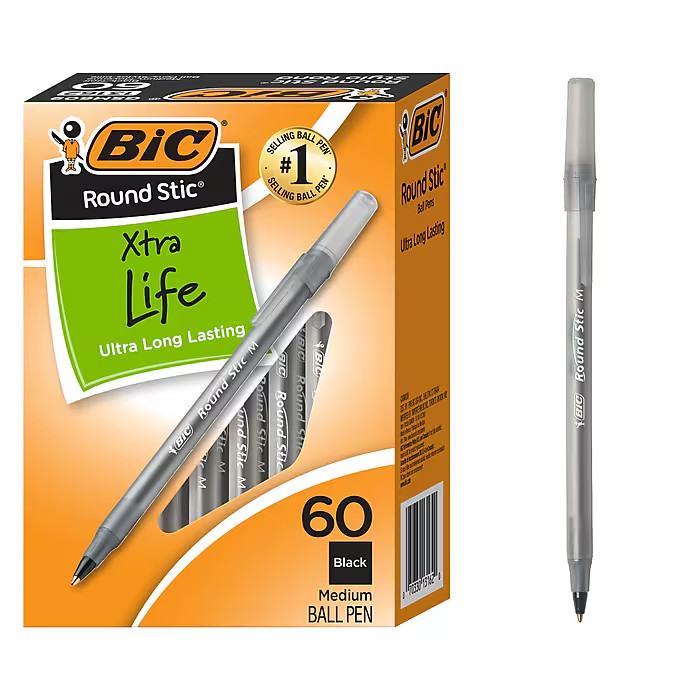 BIC Round Stic Xtra-Life Ballpoint Pen, Medium Point, 1.0mm, Black Ink, 60/Pack