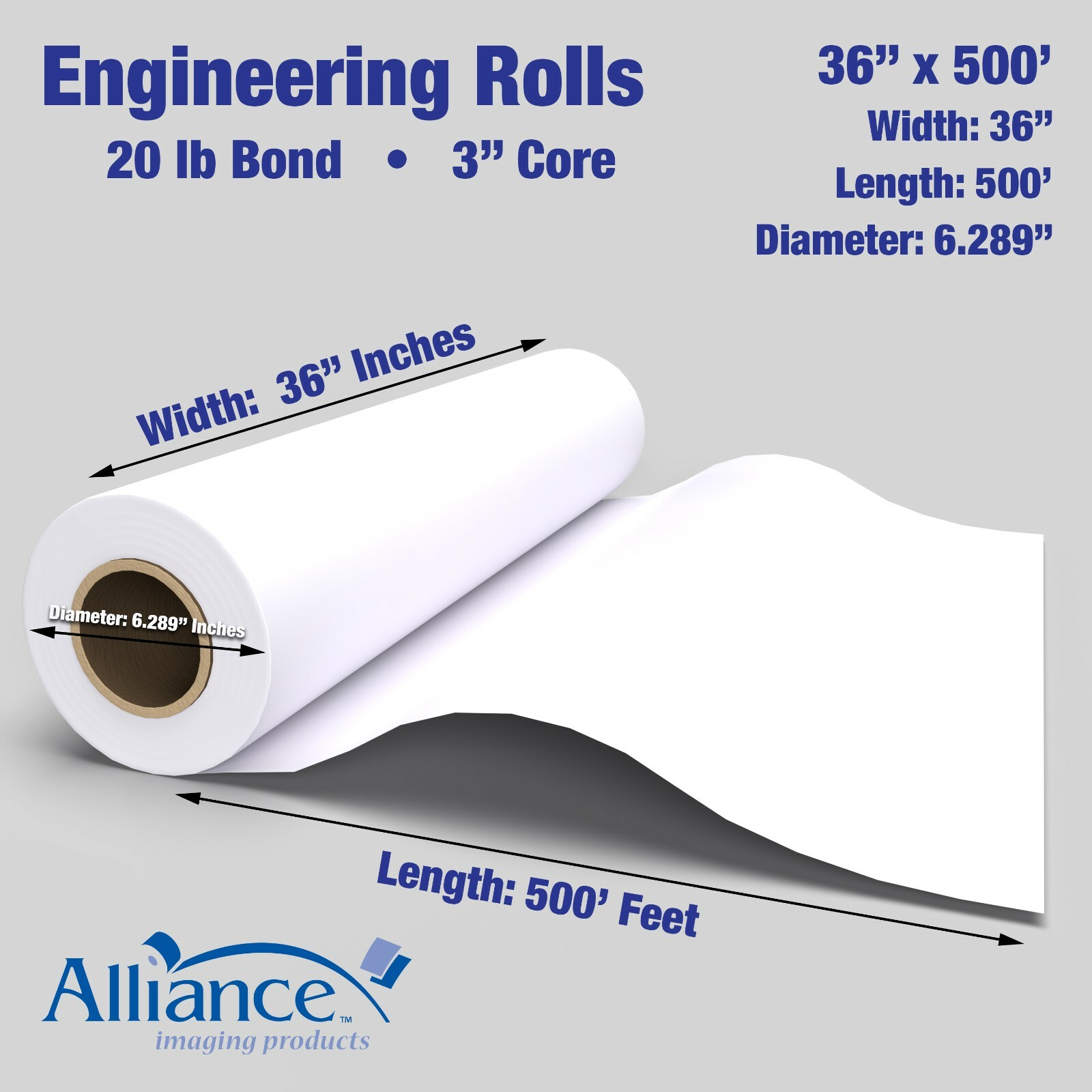 Alliance Paper Rolls, Bond Engineering, 36x500x3, 92 Bright, 20lb 2 Rls/Ctn