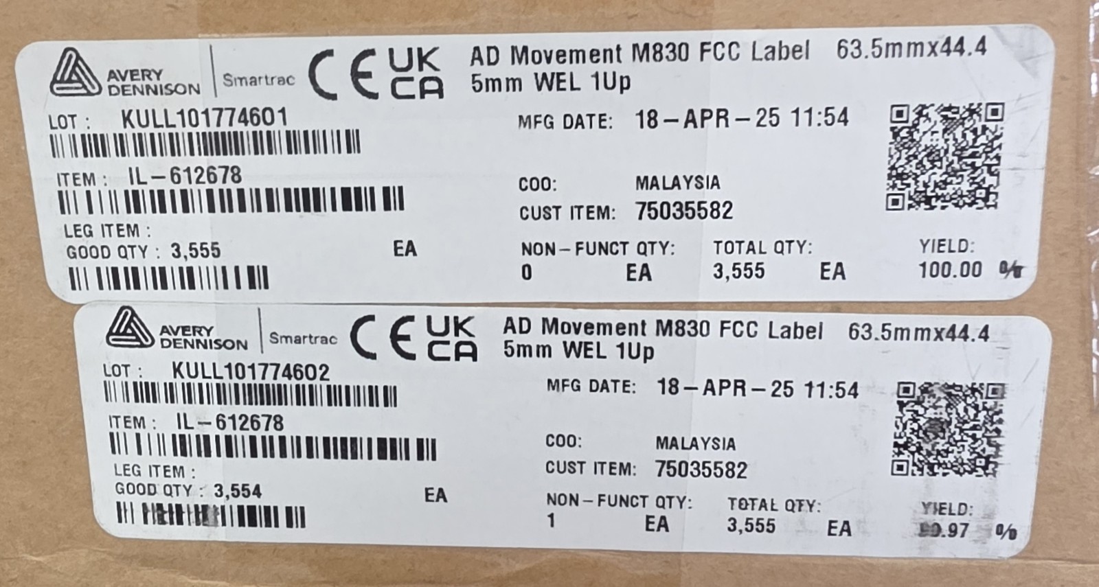 Avery Dennison Smartrac AD Movement WEL M830 RFID Labels 44.45mm 2 Rolls Of 3550