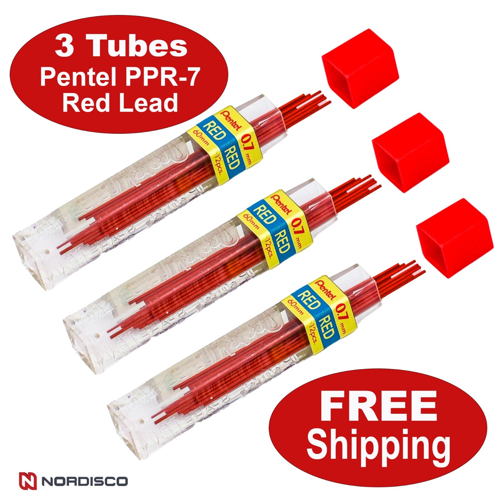 Pentel PPR-7 Red 0.7mm Refill Lead, 3 Tubes of 12 Leads