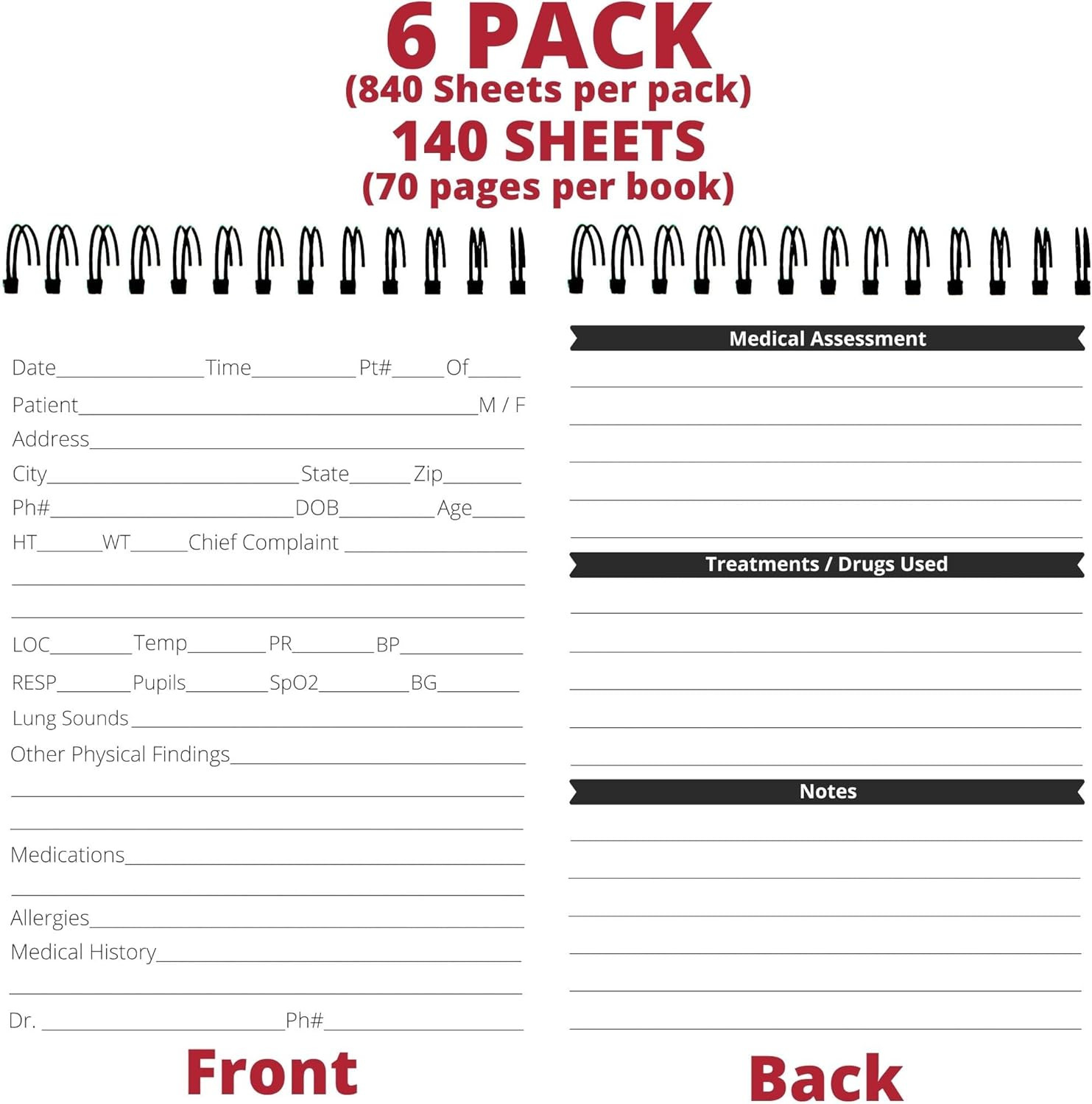 EMT Vital Statistics Notepad – 6 Pack Vitals Notebook for First Responder Note P