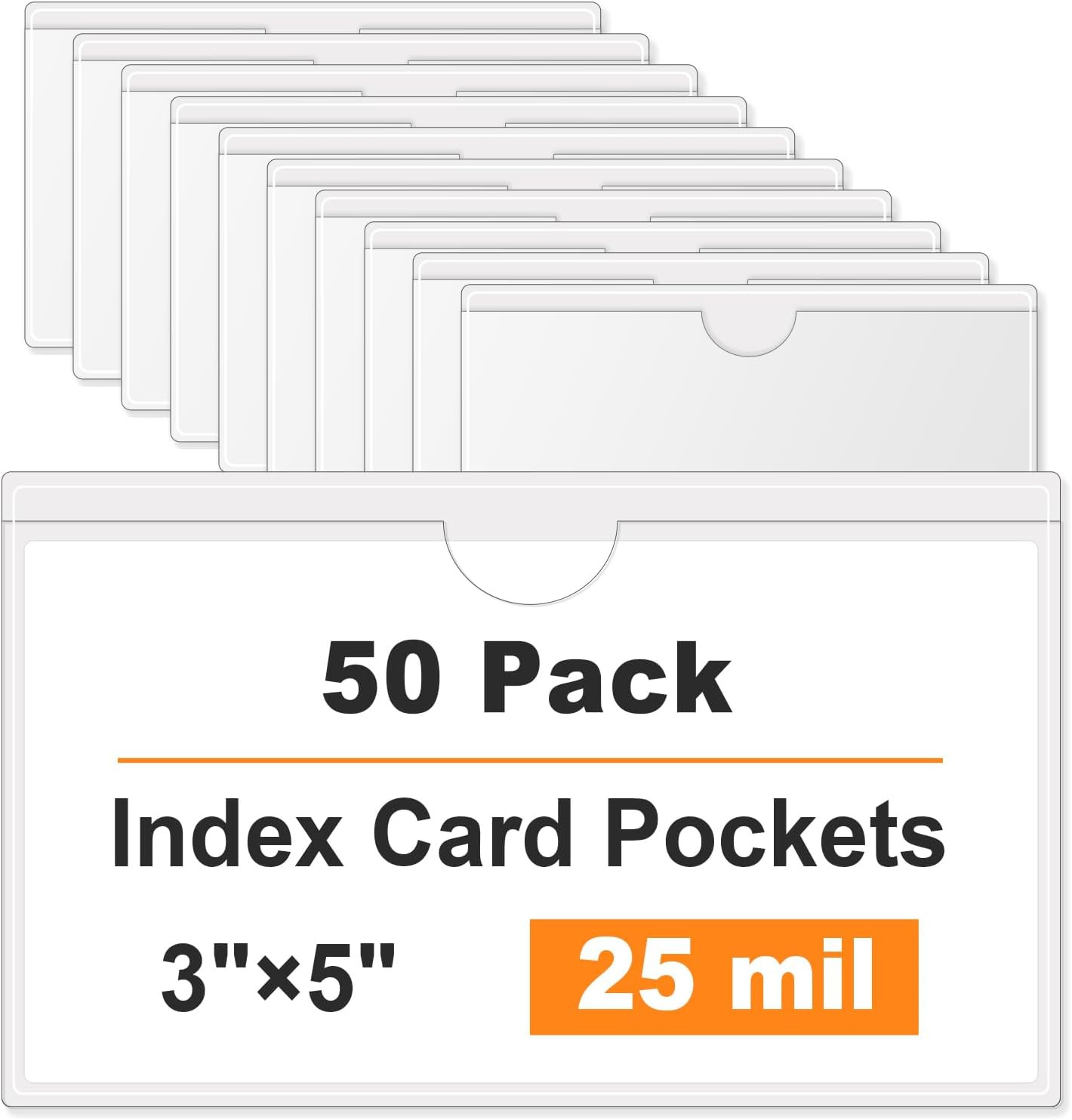 50 Pack Clear Adhesive Pockets 3″ X 5″, Self-Stick Index Card Pockets with Top O