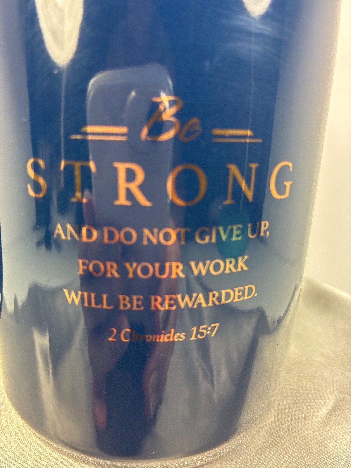 Christian Art Gifts Faithful Servant Mug 2 Chronicles 15:7 Blue Gold Coffee Cup