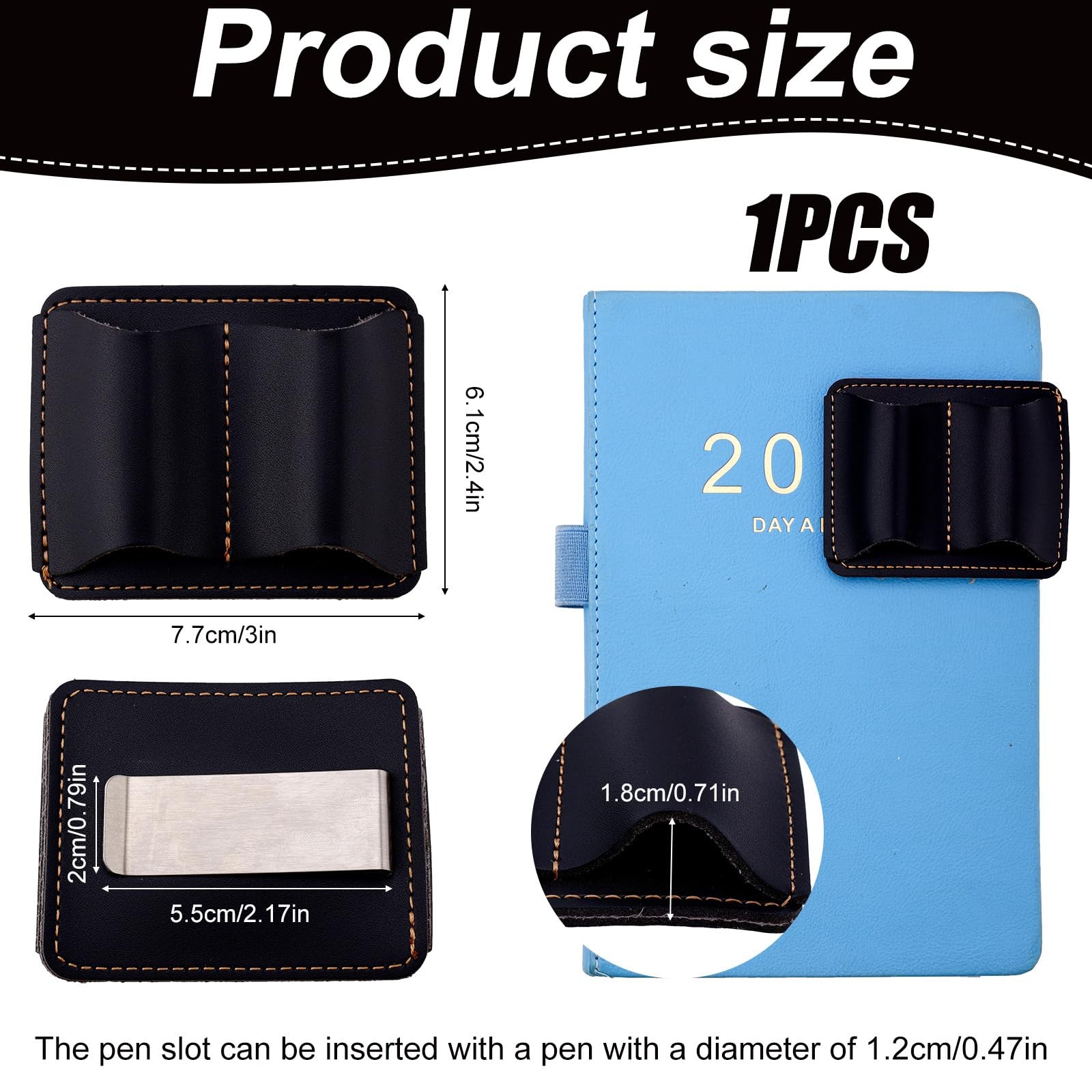 Black Notebook Pen Pencil Holder Clip, 3×2.4in Two Hole Leather Pen Holder Cl…