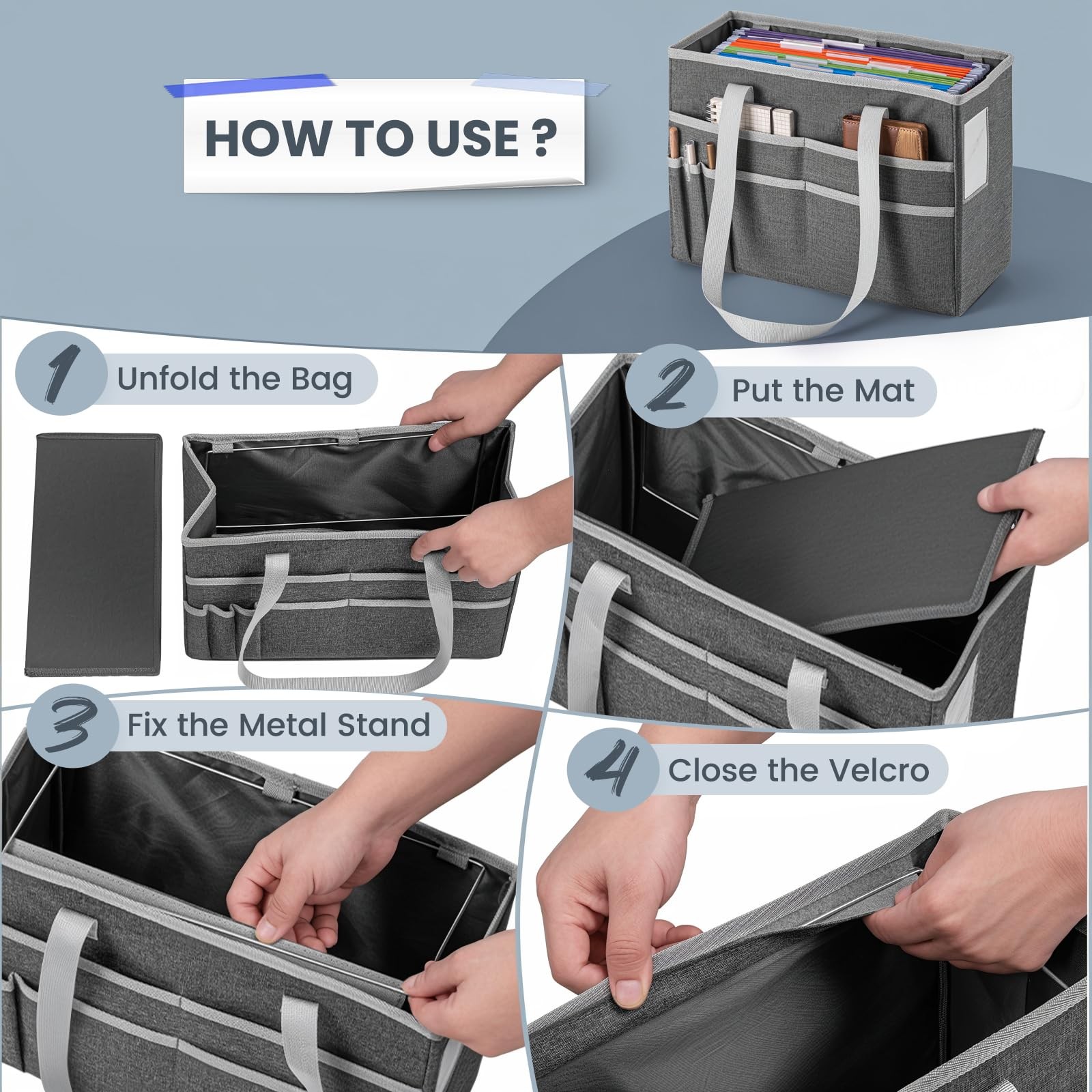 File Organizer Box, Portable Tote Bag Hanging Filing Box Desktop File Folder