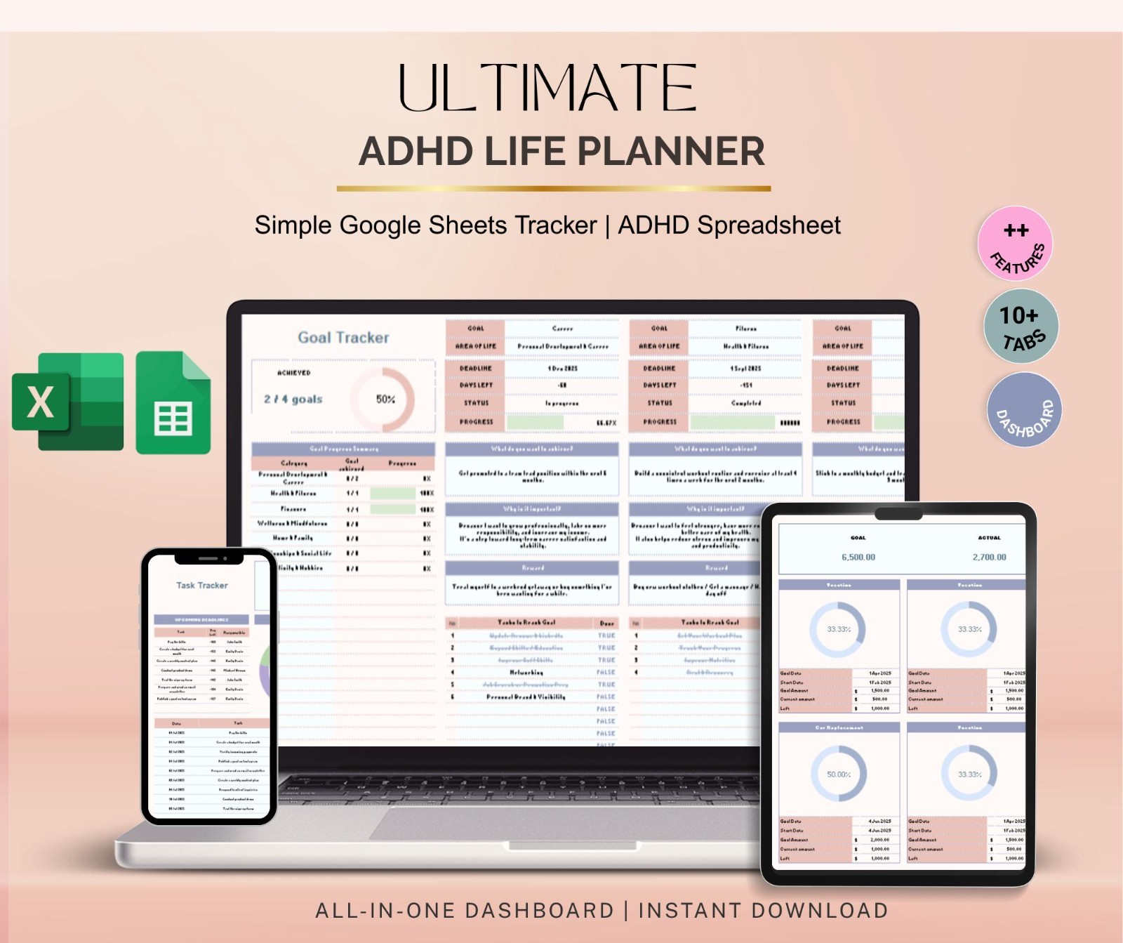 Digital ADHD Planner Spreadsheet Google Sheets Habit Task Tracker