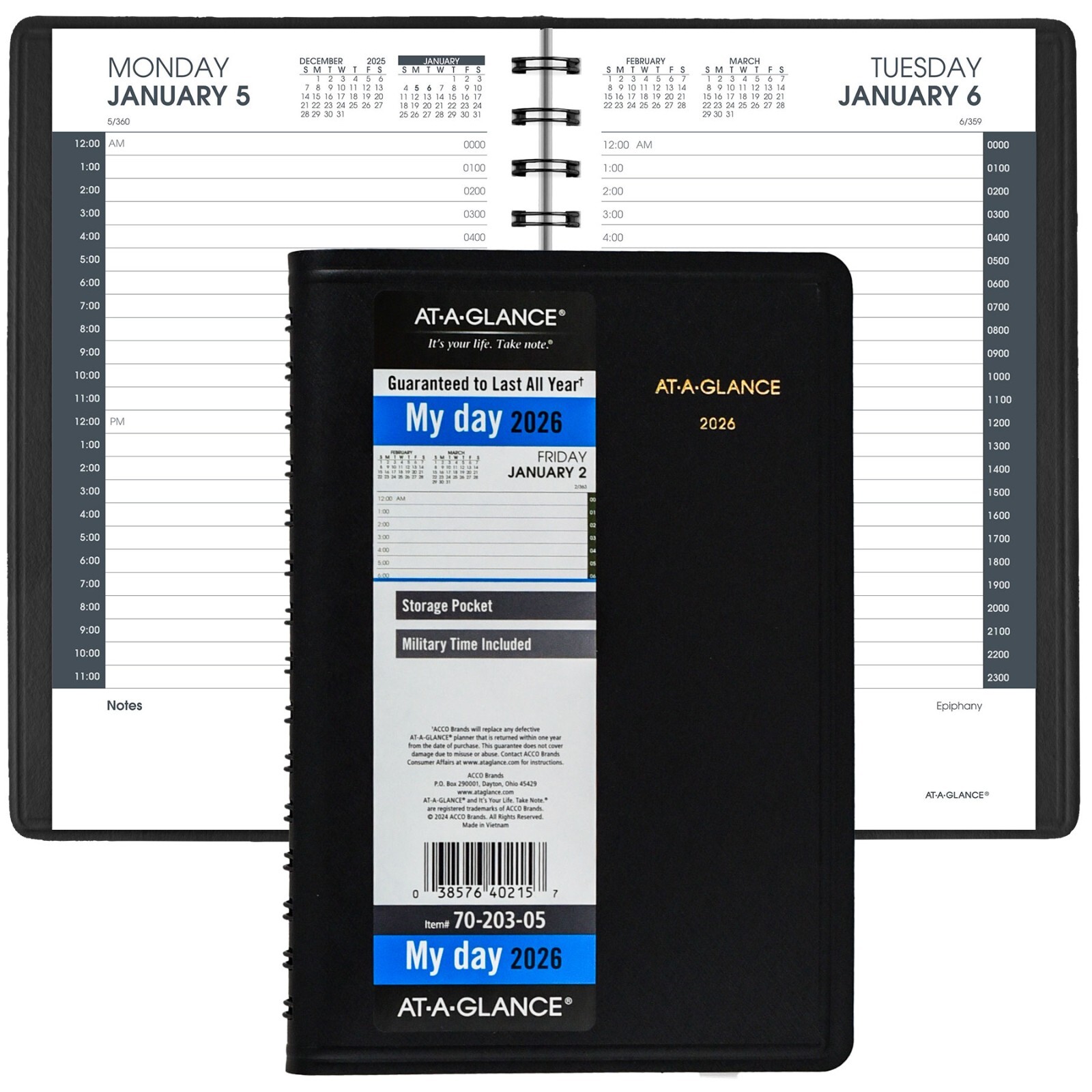 2026 At-A-Glance 70-203-05 24-Hour Daily Appointment Book, 5 x 8″