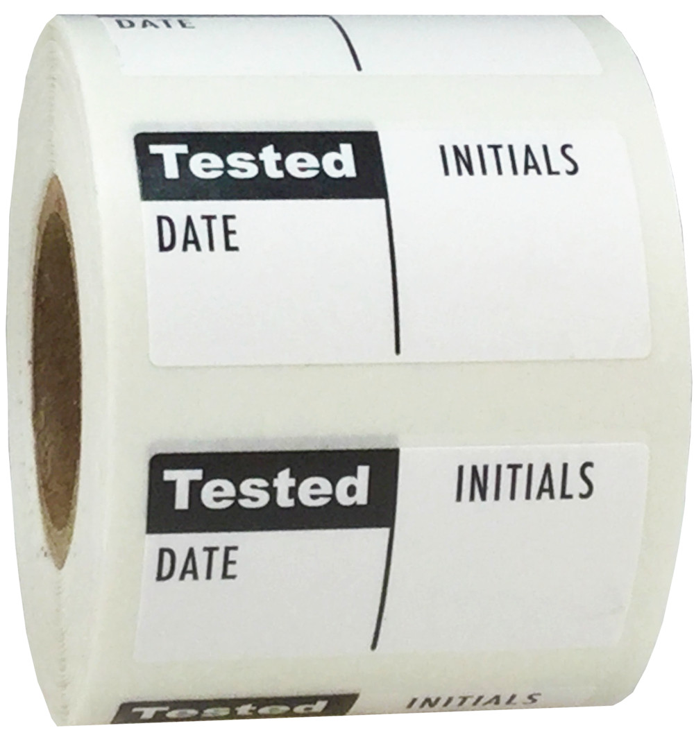 White & Black “Tested: DATE – INITIALS” Stickers | 0.75 x 1.5″ Inch | 500 Pack