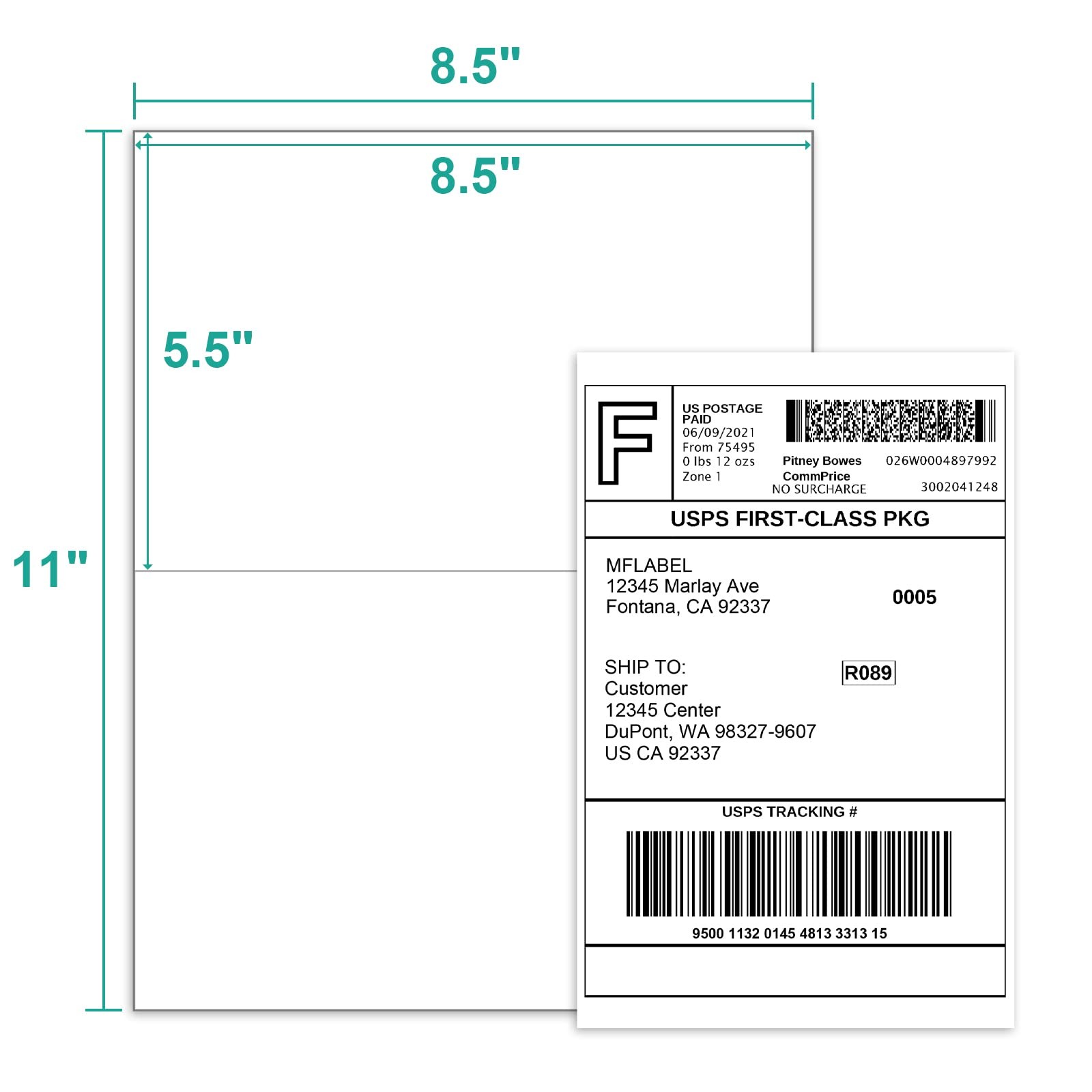 MFLABEL 8.5 x 11 Inch Half Sheet Shipping Labels – 8.5″ x 5.5″ (2-up), White